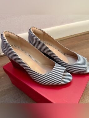 Kelly & Katie Navy and White Striped Peep-Toe Wedges
